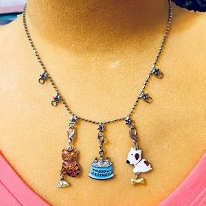 Happy birthday charm necklace w/ dog, cat and cake